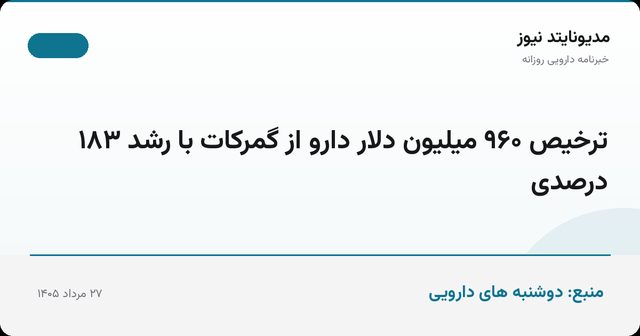 ترخیص ۹۶۰ میلیون دلار دارو از گمرکات با رشد ۱۸۳ درصدی