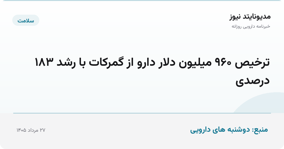 ترخیص ۹۶۰ میلیون دلار دارو از گمرکات با رشد ۱۸۳ درصدی