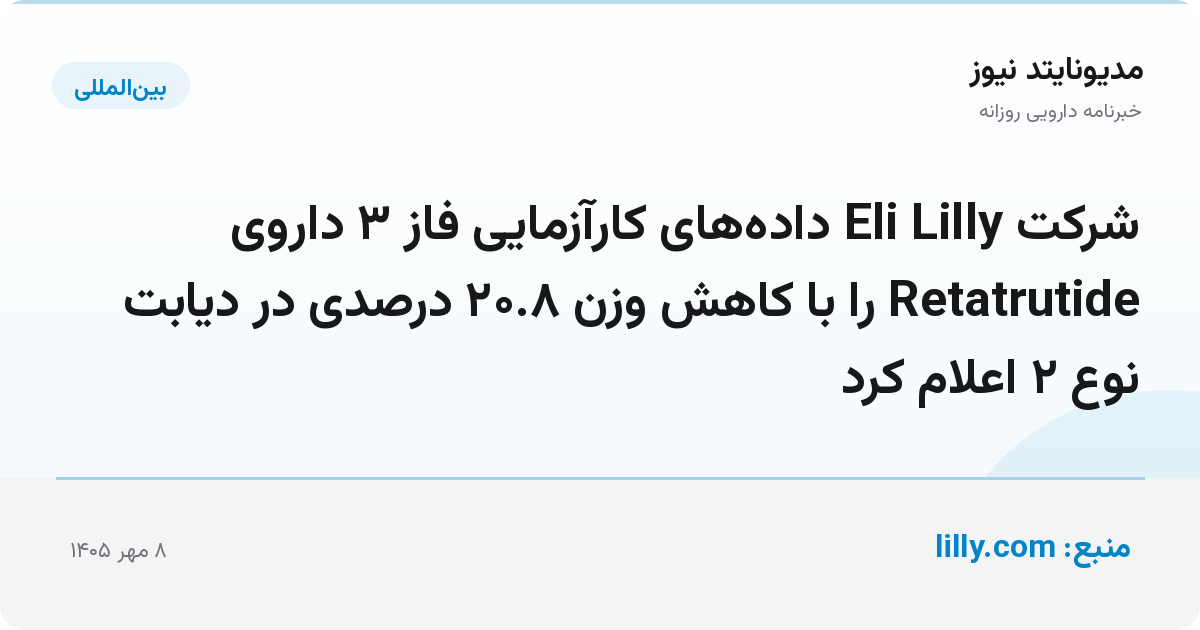 شرکت Eli Lilly داده‌های کارآزمایی فاز ۳ داروی Retatrutide را با کاهش وزن ۲۰.۸ درصدی در دیابت نوع ۲ اعلام کرد
